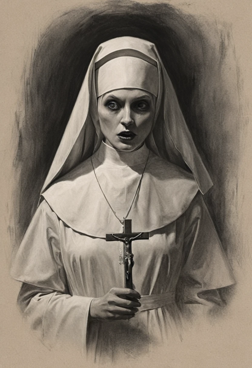 a nun with huge penis, penis in priest's mouth, graphite style on old paper, deep shadows, professional illustration, creepy, sinister, cinematic professional ambiance, highly detailed, 8k, ultra realistic, stunning, dark fantasy, masterpiece