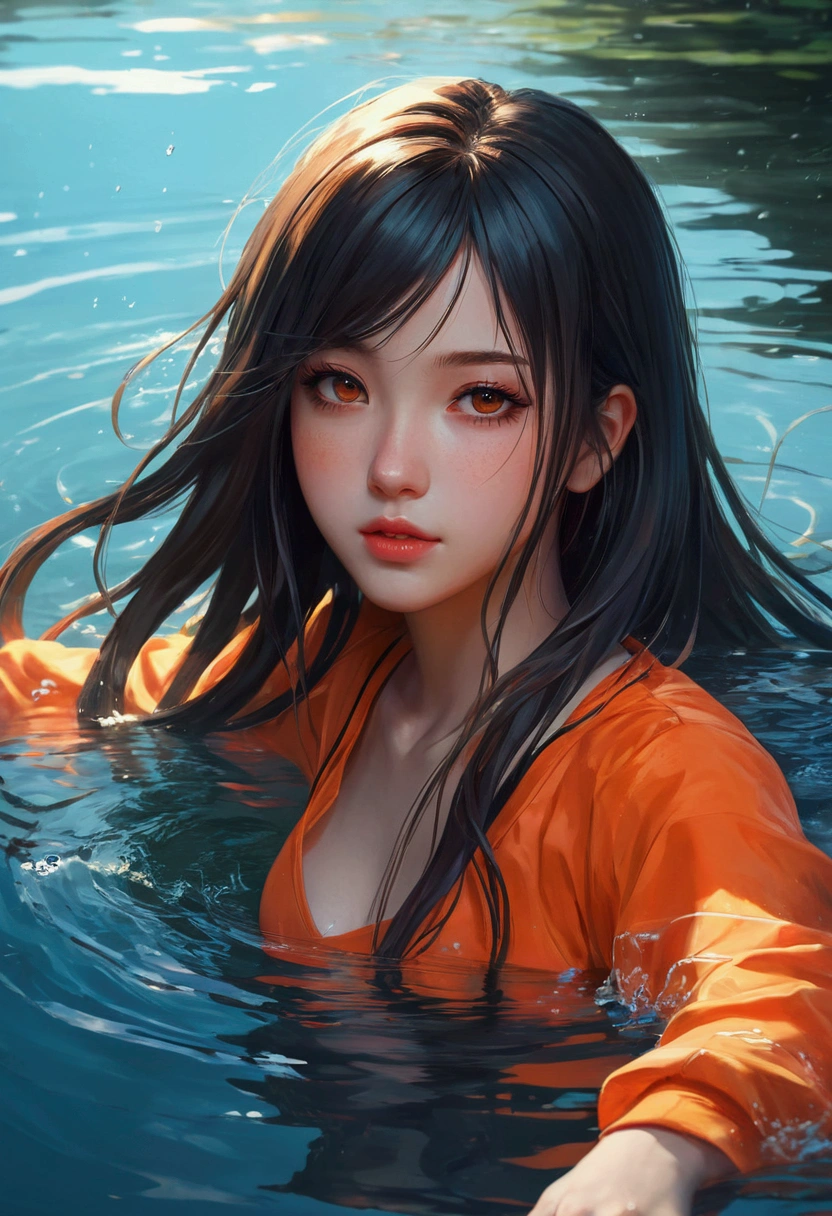 anime girl with long hair and orange top in the water, beautiful animated portrait, beautiful digital artwork, guweiz style artwork, beautiful digital illustration, awesome anime face portrait, guweiz, by Yang J, detailed portrait of anime girl, beautiful digital art, realistic painting cute girl, great digital art with details, beautiful magnificent digital art, A beautiful artistic illustration.