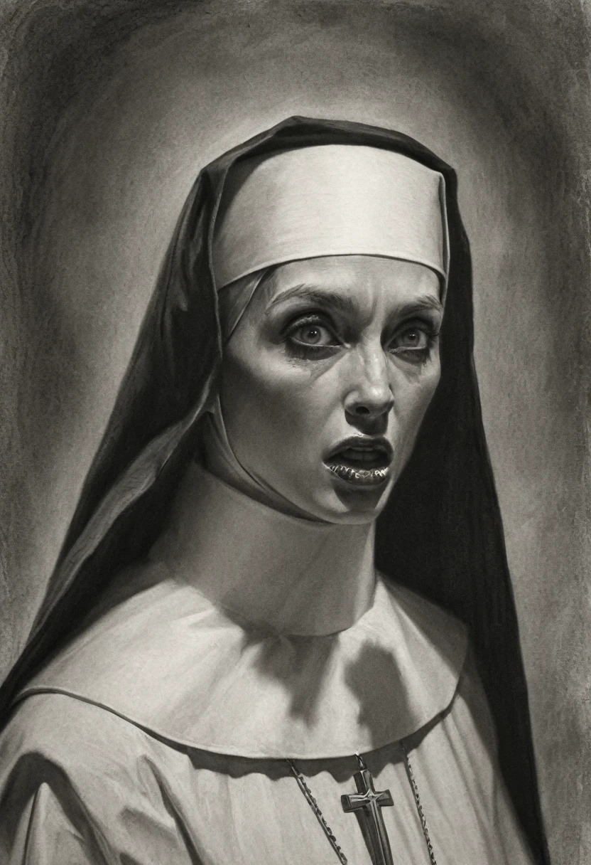 a nun with huge penis, penis in priest's mouth, graphite style on old paper, deep shadows, professional illustration, creepy, sinister, cinematic professional ambiance, highly detailed, 8k, ultra realistic, stunning, dark fantasy, masterpiece