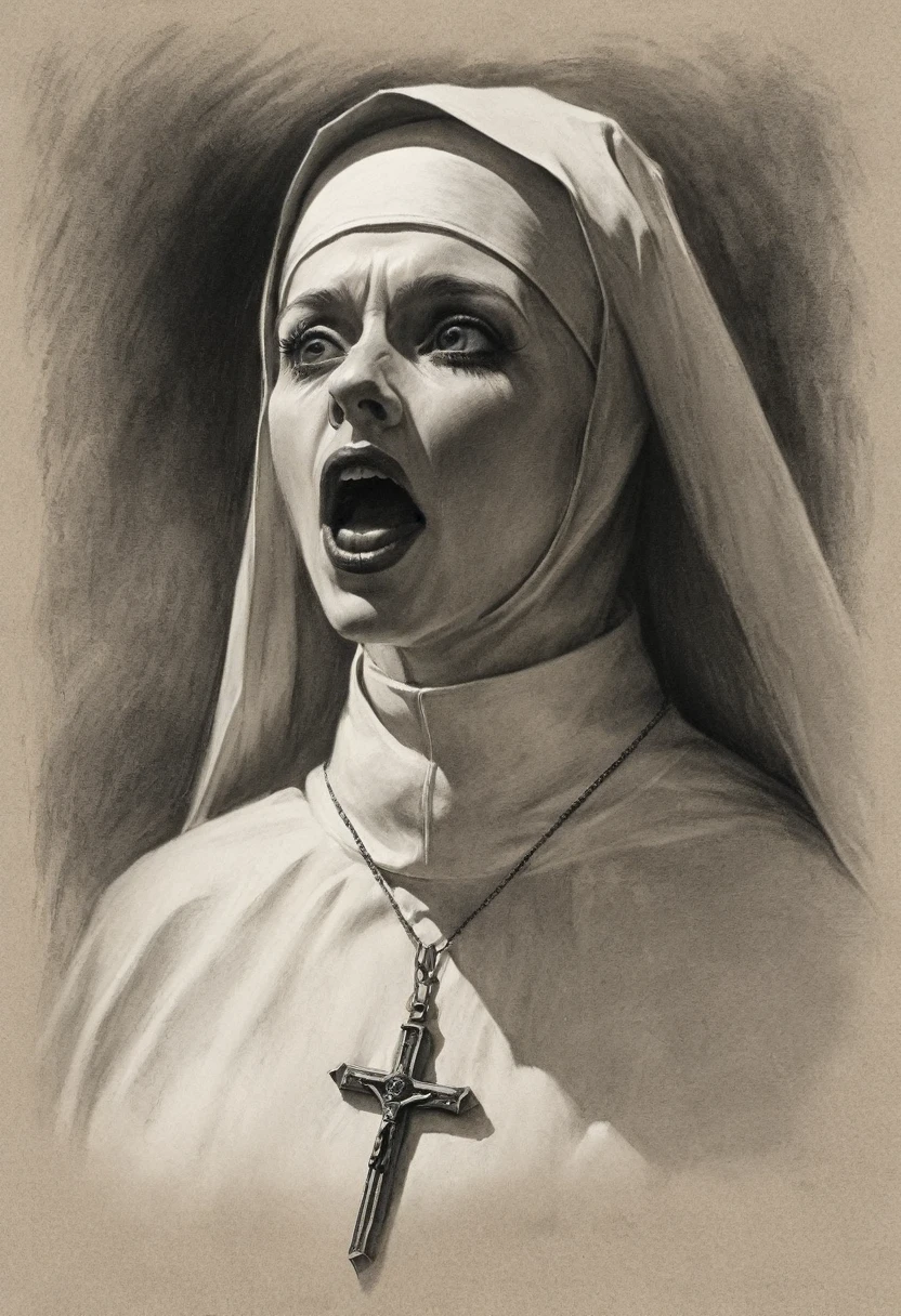 a nun with huge penis, penis in priest's mouth, graphite style on old paper, deep shadows, professional illustration, creepy, sinister, cinematic professional ambiance, highly detailed, 8k, ultra realistic, stunning, dark fantasy, masterpiece