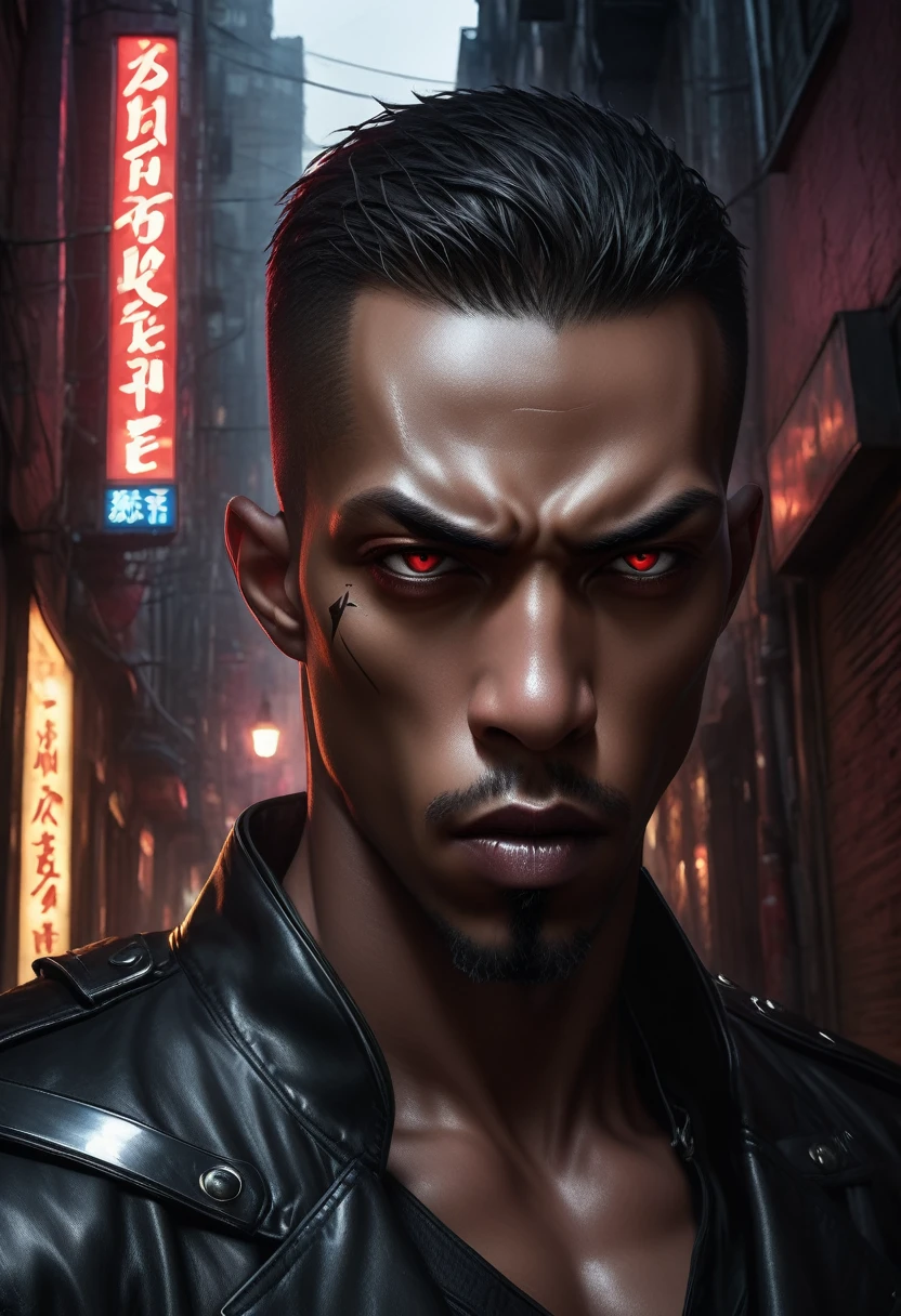 Shawt portrayed as Marvel's Blade, hyper-realistic digital painting. Intense chiaroscuro lighting accentuates his chiseled features and leather attire. Vampiric adversaries lurk in shadowy urban alleyways. Glistening silver sword reflects neon signs. Determined expression conveys centuries of inner struggle and unwavering resolve.