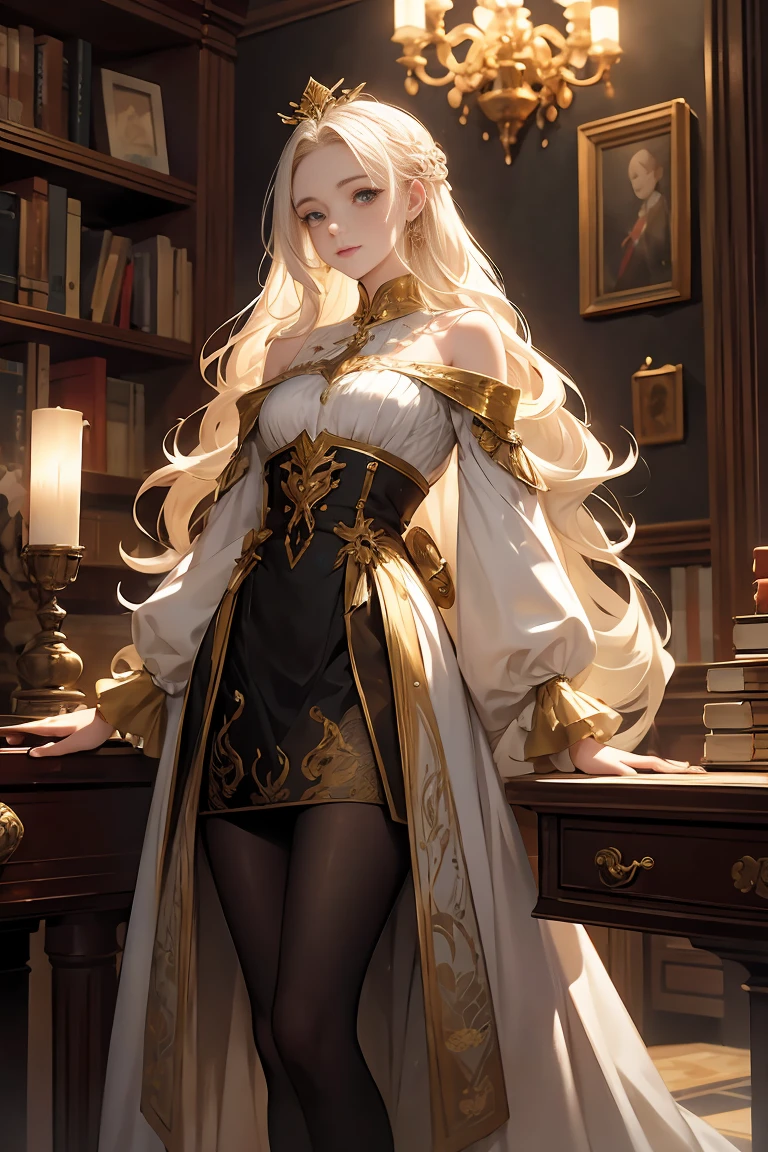 A tall, slender woman with pale skin and vitiligo-like golden spots on her face is immersed in an old book as she stands in a medieval living room. Her long, wavy white hair, streaked with brown, cascades over her shoulders, framing a delicate face with almond-shaped eyes of contrasting colors: one intense gold and the other deep brown. Wearing an ensemble inspired by 18th-century French menswear, tailored with short shorts and tights, she exudes a peculiar elegance reminiscent of both Furina and Harlequin from Genshin Impact. The predominant colors are dark red and black, with light gold accents. The atmosphere is mysterious and intellectual, with stone walls, old books scattered across the table, and musical instruments hanging on the walls. An old globe and an unrolled map lie on the floor. The expression on her face is thoughtful, with a slight smile on her lips, revealing a restless mind full of dreams.