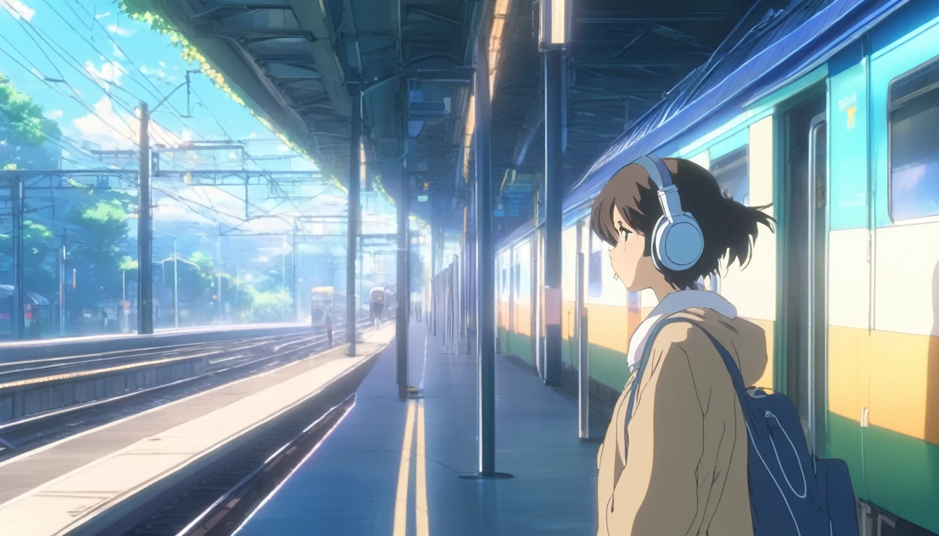 Anime girl with headphones waiting for the train to arrive, Anime still film Anime colored paper, Anime movie screenshots, Tokyo Anime Scene, Anime movie stills, Makoto Shinkai style, A still from the anime, Anime Aesthetics, ( ( Makoto Shinkai ) ), Anime Style 4k, in style of Makoto Shinkai, LOFI Girl