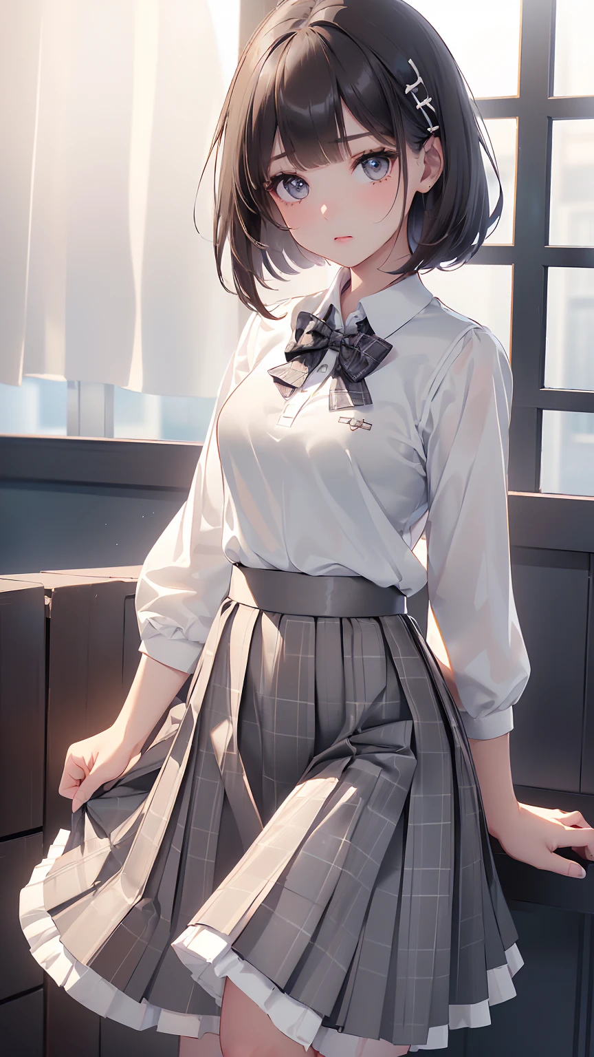 1 girl, Solo, Cute Girl, , Best Quality, Ultra-detailed, 8K, High resolution, Detailed face, dark brown hair, bob hair, (((tareme:1.5, downer))), (((school uniform, white collared shirt, bowtie, pleated skirt, gray skirt, plaid skirt, long skirt, white socks))),  (((polo shirt :1.2))) (((long skirt:1.5)))