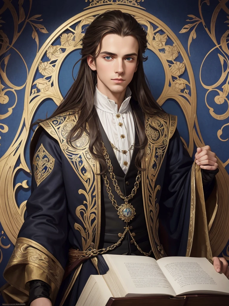 Portrait of Christopher Marlowe as student, white skin, piercing icy blue eyes, silky golden-brown hair, refined features, charp jawline, clean shaved, black Elizabethan velvet jerkin, white laced shirt, Art Nouveau style, Mucha style, Mucha background, realism, high quality1 девочка, 1 девочка, Высокое разрешение, Точность, Высокая детализация, Голландский угол, 