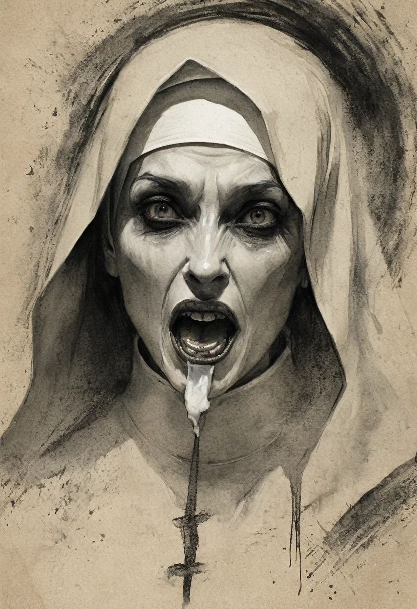 A nun demonic figure with penis in mouth, graphite technique on old paper style, deep brush shadows, professional illustration, creepy, sinister, grain textures, splattered ink, noise textures 