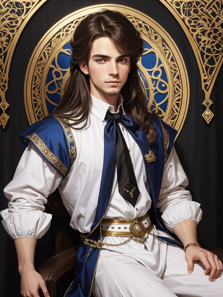 Portrait of Christopher Marlowe as student, white skin, piercing icy blue eyes, silky golden-brown hair, refined features, charp jawline, clean shaved, black Elizabethan velvet jerkin, white laced shirt, Art Nouveau style, Mucha style, Mucha background, realism, high quality1 девочка, 1 девочка, Высокое разрешение, Точность, Высокая детализация, Голландский угол, 