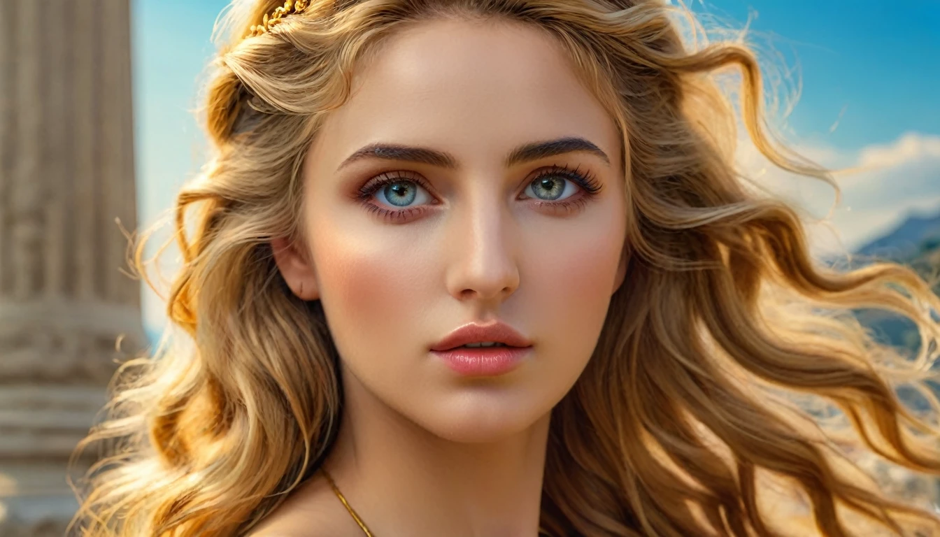 Helen of Troy, full figure, ultra detailed, HDR, Greek mythology, perfect DNA, detailed eyes, detailed lips, stunning beauty, flowing golden hair, perfect body, graceful pose, enchanting gaze, vibrant colors, soft lighting, best quality, 8k, realism 