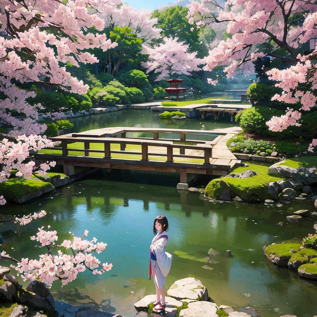 ((Highest quality)), ((masterpiece)), ((Realistic)), Standing in a tranquil Japanese garden with cherry blossoms at eye level、A girl with perfect beauty, Scenic, masterpiece, (High resolution), original, extremely detailed 8K , (photoRealistic:1.4),Perfect Face, Perfect Eyes,Symmetrical body type,smile, 