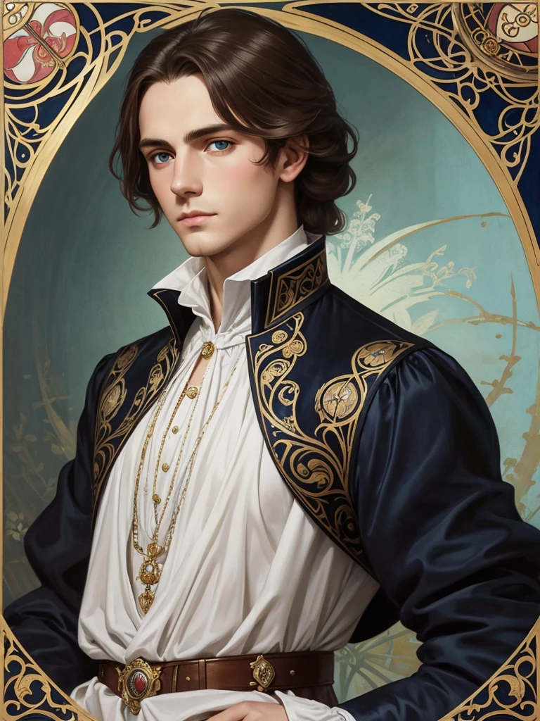 Portrait of Christopher Marlowe as student, white skin, piercing icy blue eyes, silky golden-brown hair, refined features, charp jawline, clean shaved, black Elizabethan velvet jerkin, white laced shirt, Art Nouveau style, Mucha style, Mucha background, realism, high quality1 девочка, 1 девочка, Высокое разрешение, Точность, Высокая детализация, Голландский угол, 