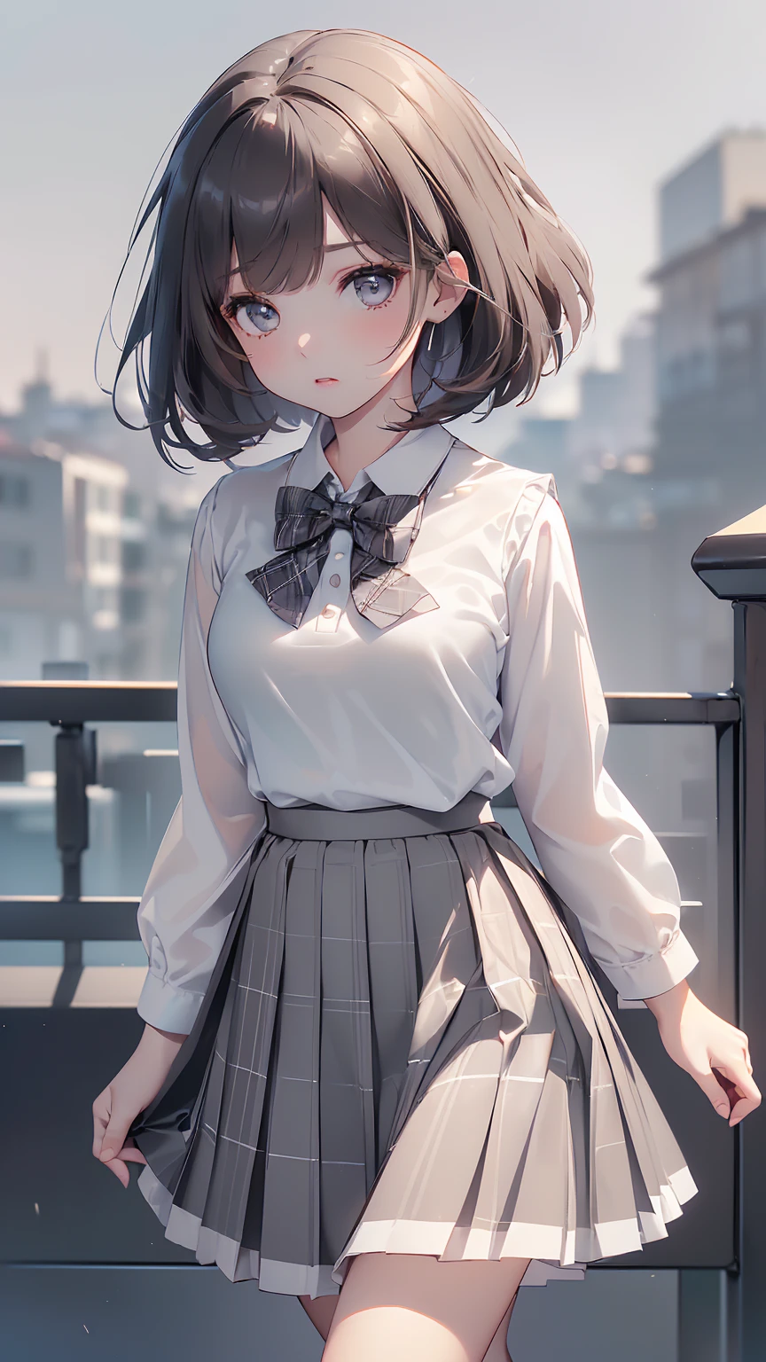 1 girl, Solo, Cute Girl, , Best Quality, Ultra-detailed, 8K, High resolution, Detailed face, dark brown hair, bob hair, (((tareme:1.5, downer))), (((school uniform, white collared shirt, bowtie, pleated skirt, gray skirt, plaid skirt, long skirt, white socks))),  (((polo shirt :1.2))) (((long skirt:1.5)))