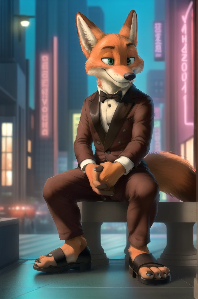 (vigorous, by honovy, от zenthetiger, from Saus), Nick Wilde, Male, fox, One, tie, safe, dressed, green eyes, office suit, red bow tie,long trousers, white open toe and heel sandals,fetish,foot_focus macro gigant, standing, city, street, Tokyo, Akihabara, neon lights, night, Tail sits showing off his sandals, sex, 