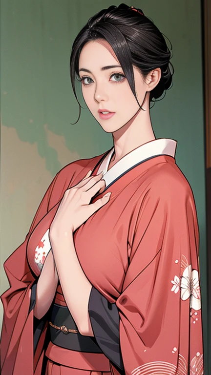 1，Japanese hairstyle，Photorealism，detailed，masterpiece，mature，((full))， (Broad shoulders), ((Huge))，プラスサイズのmature女性，expensive，30 years old，Pretty face, (Plump woman)，Beautiful long-sleeved kimono，kimono，Hold your chest with both hands:1，high quality，Are standing，High resolution 4K information,Kyoto,
