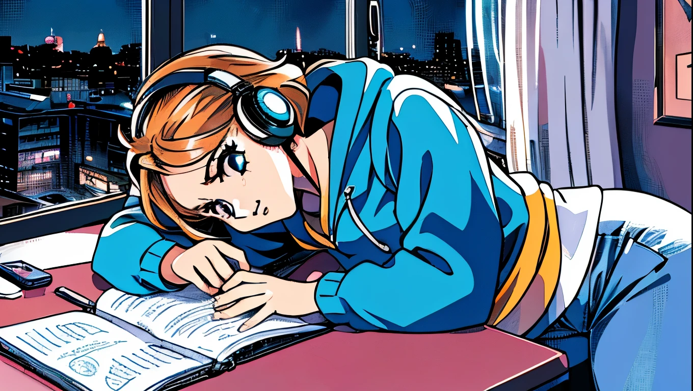 (80s anime),(city pop),(Ghibli),(ultra-detailed,master piece,best quality,high resolution,perfect eyes,perfect hands,ultra-detailed eyes,perfect fingers),(A girl wearing headphones and a blue hoodie and blue pants is studying hard at her desk in her room), (expressionless girl),(the girl doesn't look this way),(You can see the city pop-style night view from the window),(the girl is writing in a notebook,atmosphere of the night,so dark that you can see the night,so dark that you can see the night),(hide your fingers )
