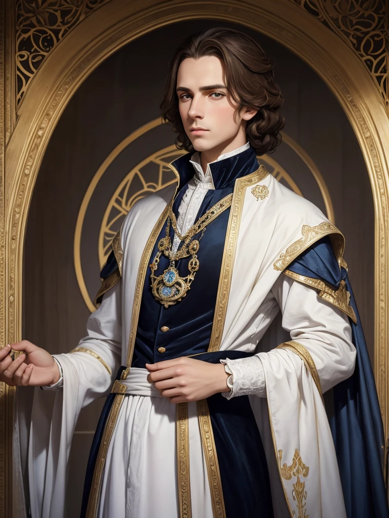 Portrait of Christopher Marlowe as student, white skin, piercing icy blue eyes, silky golden-brown hair, refined features, charp jawline, clean shaved, black Elizabethan velvet jerkin, white laced shirt, Art Nouveau style, Mucha style, Mucha background, realism, high quality1 девочка, 1 девочка, Высокое разрешение, Точность, Высокая детализация, Голландский угол, 