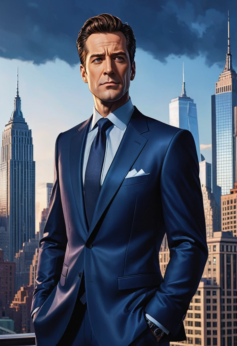 Shawt, a towering figure in a sleek, midnight-blue suit, stands confidently in a hyper-realistic Marvel "What If?" comic panel. Crisp lines and vibrant colors pop against a backdrop of gleaming New York skyscrapers. His determined expression conveys a sense of heroic purpose and alternate-reality intrigue.