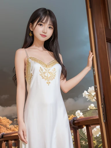 masutepiece、masutepiece、ultra-definition、accurate depiction、extremely high detail、8K picture quality、one girls、(18 year old pretty woman、18year old)、small head、Cute face、a blond、half up、Blue eyes、perfect glossy skin、((tre anatomically correct))、Perfect body:1.1、high-level image quality、​masterpiece、Look at viewers、(White princess dress、Golden flower embroidery)、sexypose、Small breasts、the royal palace、Large stained glass windows、Enveloping her presence with delicate particles、Soft light、divine atmosphere、Photoreal Stick