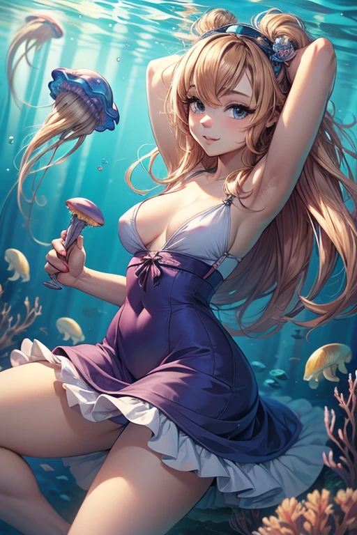 beautiful girl yes,Flat Breast,kawaii,(jellyfish girl:1.2), arms behind the back,Underwater,dress with ruffles,