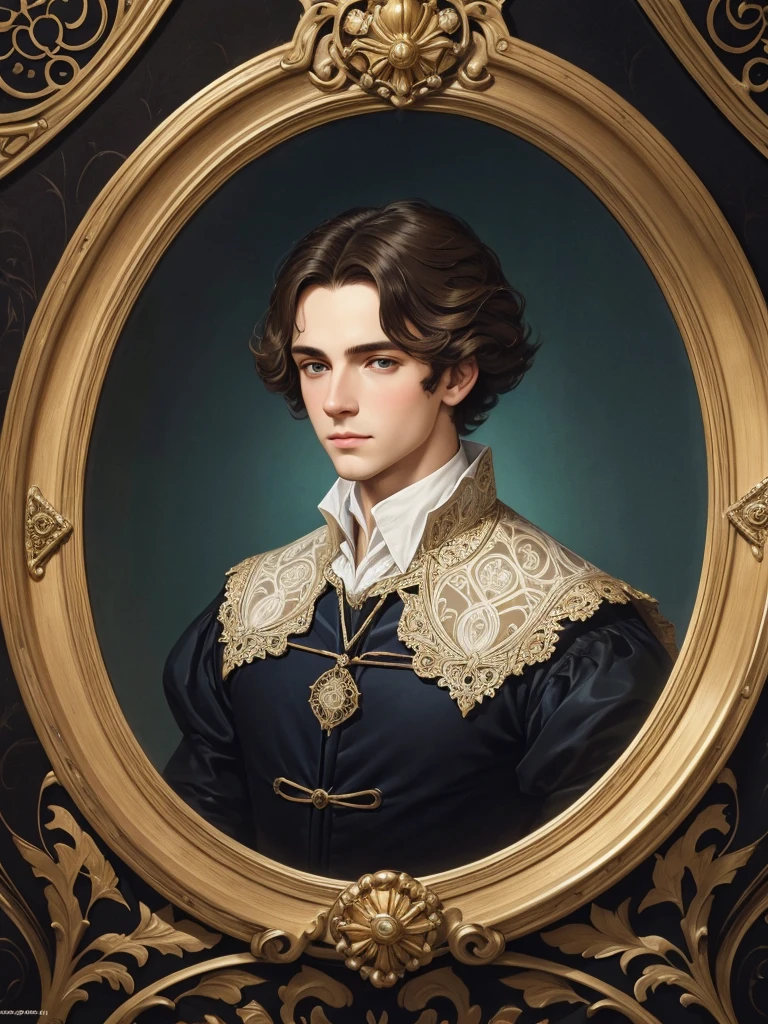 Portrait of Christopher Marlowe as student, white skin, piercing icy blue eyes, silky golden-brown hair, refined features, charp jawline, clean shaved, black Elizabethan velvet jerkin, white laced shirt, Art Nouveau style, Mucha style, Mucha background, realism, high quality1 девочка, 1 девочка, Высокое разрешение, Точность, Высокая детализация, Голландский угол, 