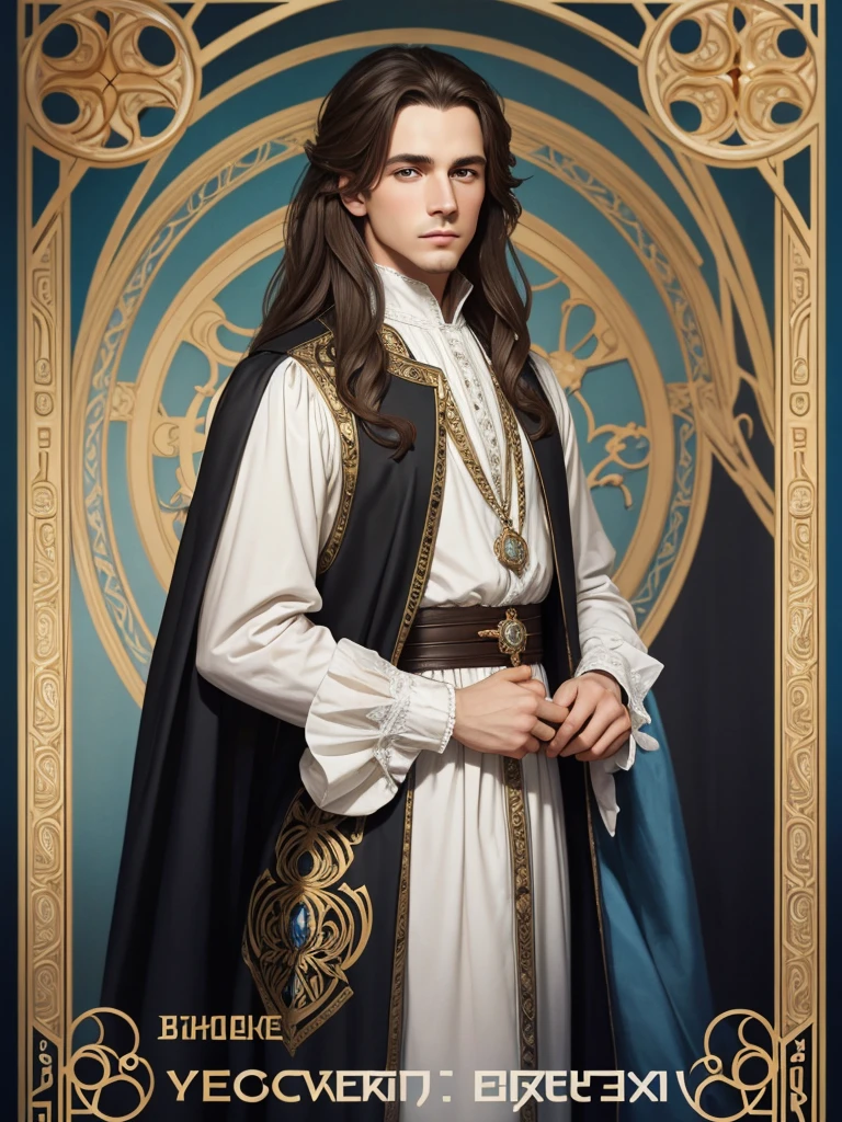 Portrait of Christopher Marlowe as student, white skin, piercing icy blue eyes, silky golden-brown hair, refined features, charp jawline, clean shaved, black Elizabethan velvet jerkin, white laced shirt, Art Nouveau style, Mucha style, Mucha background, realism, high quality1 девочка, 1 девочка, Высокое разрешение, Точность, Высокая детализация, Голландский угол, 