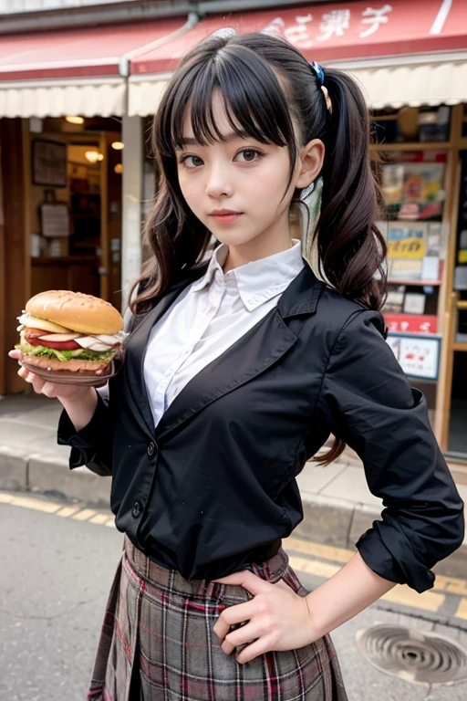 (best quality, masterpiece, 8K), little chubby, roughing, babymetal, moametal, hamburger shop, clerk, tartan check uniform, {{{{giant chest}}}}, {{{long twintails hair}}}, {{{japanese girl}}}, round face, detailed face, {sunny}, black hair, , slim waist