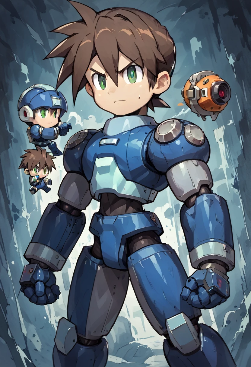 Highest quality,RAW Photos,Professional Art Works,Guts pose,m3g4m4n,Blue Armor,Muscular,Brown Hair, boy,Chibi,male focus, brown hair, green eyes, 独奏, android, hair between eyes,Glaring at the enemy