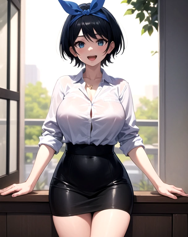 work of art, best qualityer, Kizi, leather skirt and white shirt , headband, 
 (mature woman:1.3),  breasts big, 
shorth hair, Bblack hair,  blue colored eyes , :d,
Riu, flowers