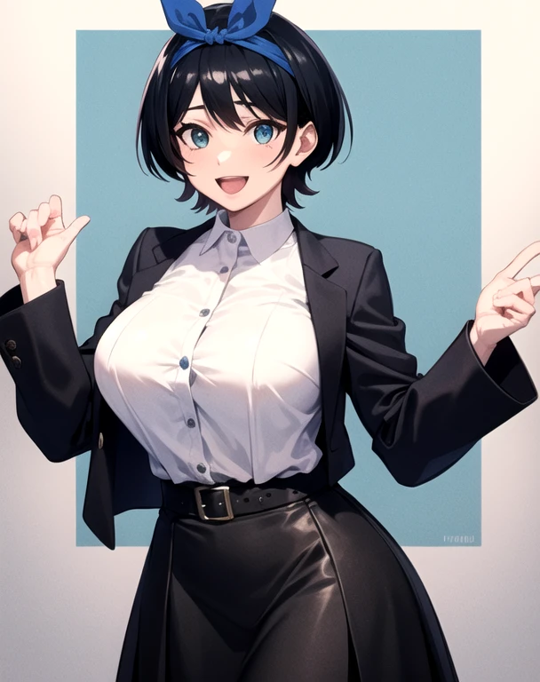 work of art, best qualityer, Kizi, leather skirt and white shirt , headband, 
 (mature woman:1.3),  breasts big, 
shorth hair, Bblack hair,  blue colored eyes , :d,
Riu, flowers