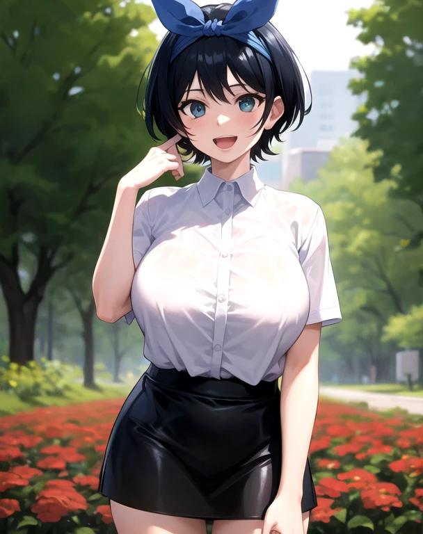 work of art, best qualityer, Kizi, leather skirt and white shirt , headband, 
 (mature woman:1.3),  breasts big, 
shorth hair, Bblack hair,  blue colored eyes , :d,
Riu, flowers