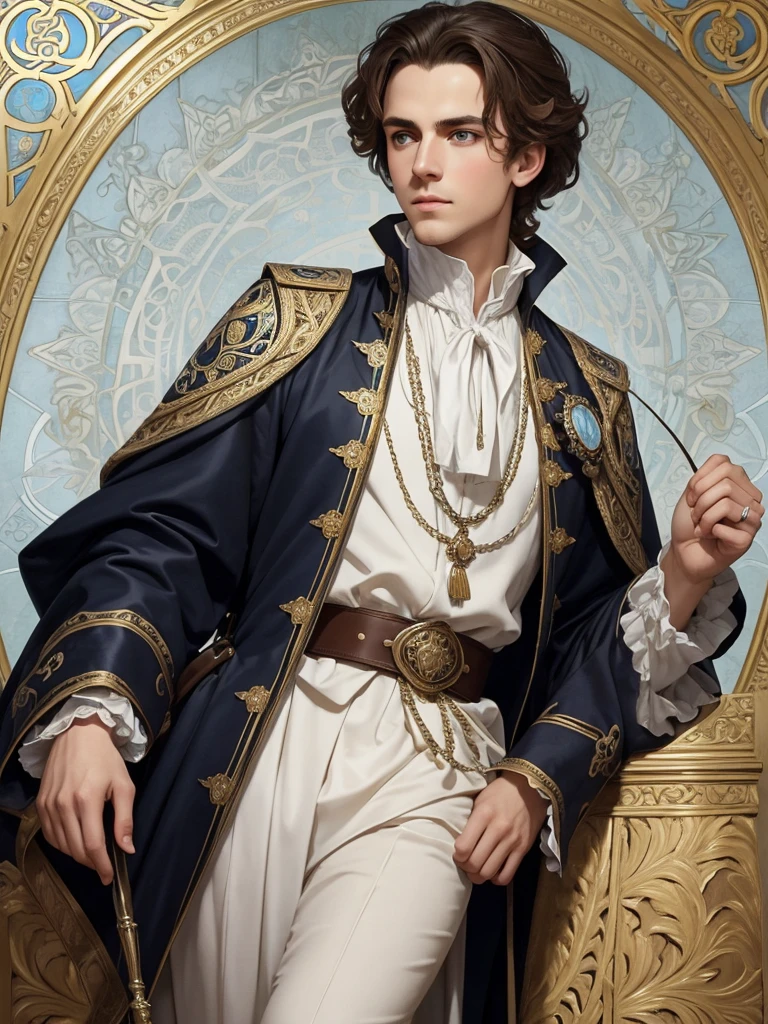 Portrait of Christopher Marlowe as student, white skin, piercing icy blue eyes, silky golden-brown hair, refined features, charp jawline, clean shaved, black Elizabethan velvet jerkin, white laced shirt, Art Nouveau style, Mucha style, Mucha background, realism, high quality1 девочка, 1 девочка, Высокое разрешение, Точность, Высокая детализация, Голландский угол, 