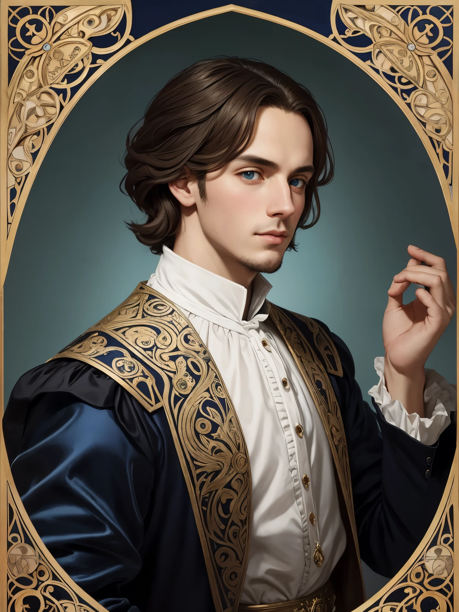 Portrait of Christopher Marlowe as student, white skin, piercing icy blue eyes, silky golden-brown hair, refined features, charp jawline, clean shaved, black Elizabethan velvet jerkin, white laced shirt, Art Nouveau style, Mucha style, Mucha background, realism, high quality1 девочка, 1 девочка, Высокое разрешение, Точность, Высокая детализация, Голландский угол, 