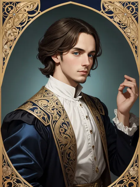 portrait of christopher marlowe as student, white skin, piercing icy blue eyes, silky golden-brown hair, refined features, charp...