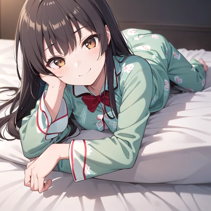 ((((full body shot)))),masterpiece:1.2), Highest quality,((((High resolution)))), unity 8k wallpaper, (shape:0.8), ((((Highly detailed face)))), Perfect lighting, (((Extremely detailed CG))),(((One girl))), bangs, Black Hair,Blurred, Blurred background, blush, bow, bowtie, Brown eyes, Brown Hair, Bush, Collared shirt, Depth of written boundary, dress, Eyebrows visible through hair,Long Hair, Long sleeve, Open clothes, red bow, red bowtie,smile, very Long Hair,((((On the bed)))),(((((Lying on your back))))),((From above)),(Big Breasts),(((((Ice green pajamas)))))