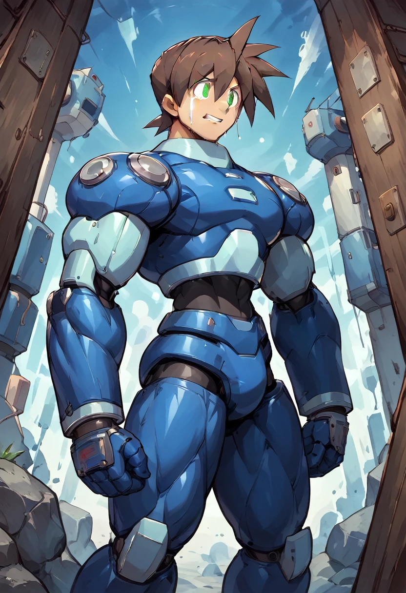 Highest quality,RAW Photos,Professional Art Works,m3g4m4n,Blue Armor,Brown Hair,The Boy of,male focus, brown hair, green eyes, 独奏, android, hair between eyes,((Huge muscles,Huge erect penis,)),Rock Buster on the right hand,Crying face,Excessive sweating and drooling,Being raped,