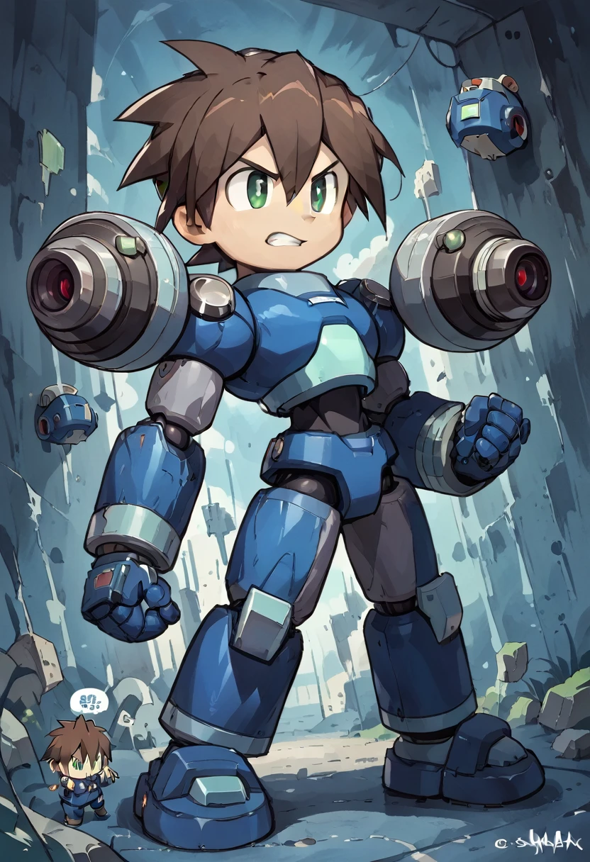 Highest quality,RAW Photos,Professional Art Works,Guts pose,m3g4m4n,Blue Armor,Muscular,Brown Hair, boy,Chibi,male focus, brown hair, green eyes, 独奏, android, hair between eyes,Glaring at the enemy,Shoots the Rock Buster on his right hand