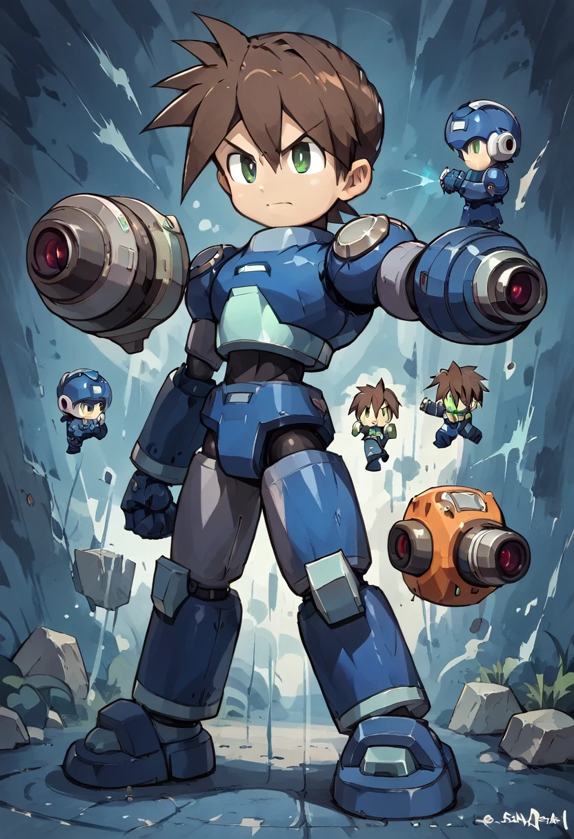 Highest quality,RAW Photos,Professional Art Works,Guts pose,m3g4m4n,Blue Armor,Muscular,Brown Hair, boy,Chibi,male focus, brown hair, green eyes, 独奏, android, hair between eyes,Glaring at the enemy,Shoots the Rock Buster on his right hand