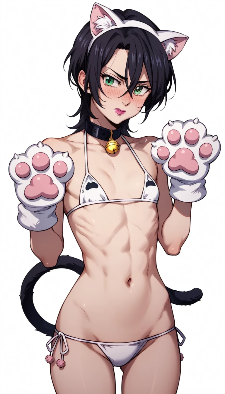 merlin, merlin (Nanatsu no tazia), black hair. She wears pink lipstick in the anime, red boar mark on the left side of her neck, EYE COLOR Dark mustard, flat chest, very small breasts, posing embarrassed, mega blushed, mega tiny bikini, transparent bikini,  fake cat ears, cat paw gloves, Crawling 