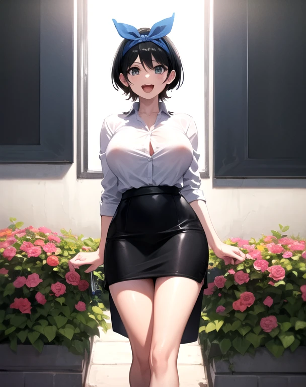 work of art, best qualityer, Kizi, leather skirt and white shirt , headband, 
 (mature woman:1.3),  breasts big, 
shorth hair, Bblack hair,  blue colored eyes , :d,
Riu, flowers