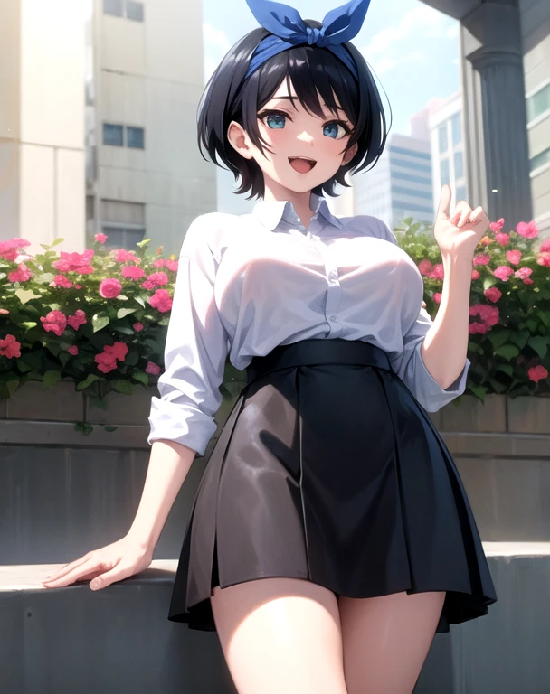 work of art, best qualityer, Kizi, leather skirt and white shirt , headband, 
 (mature woman:1.3),  breasts big, 
shorth hair, Bblack hair,  blue colored eyes , :d,
Riu, flowers