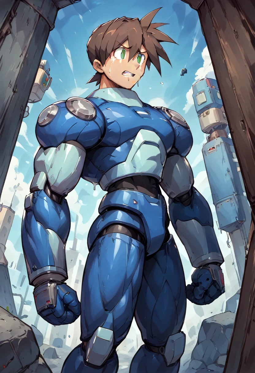 Highest quality,RAW Photos,Professional Art Works,m3g4m4n,Blue Armor,Brown Hair,The Boy of,male focus, brown hair, green eyes, 独奏, android, hair between eyes,((Huge muscles,Huge erect penis,)),Rock Buster on the right hand,Crying face,Excessive sweating and drooling,Being raped,Suburban city