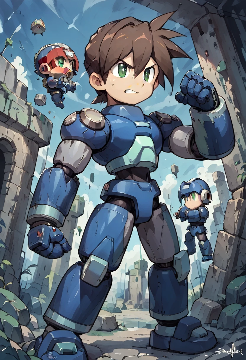 Highest quality,RAW Photos,Professional Art Works,Guts pose,m3g4m4n,Blue Armor,Muscular,Brown Hair, boy,Chibi,male focus, brown hair, green eyes, 独奏, android, hair between eyes,Glaring at the enemy,Shoots the Rock Buster on his right hand,Ancient ruins with floating red and green crystals,