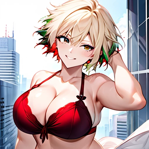 1girl, Mitsuki Bakugou, \(My Hero Academia\), bra, panties, bra, bikini, panties, high heels, short blonde hair with soft waves, confident smile, huge breasts, formal, hands on own chin, bra strings hanging over the shoulders, looking at the viewer, looking slightly upward, standing in a modern urban environment, skyscrapers in the background, subtle sunlight reflecting off the buildings, nails painted in a deep red tone, professional and relaxed posture, alone , superior body focus, wind gently blowing through her hair, composed and powerful presence, a touch of mischief in her eyes.