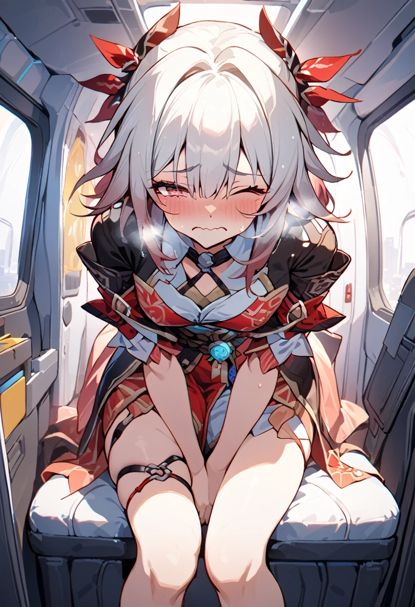 Absurd resolution, high resolution, (masterpiece:1.4), ultra-detailed, 1girl, wide-angle lens distortion, shy, sexy pose, sexual invite expression, in the plane, thighs, hand between legs, have to pee, leg together, cute, one eye closed, heavy breathing, honkai star rail, squishy thighs, masturbating, sitting, leaning forward, wavy mouth