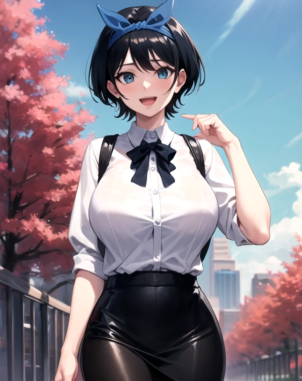 work of art, best qualityer, Kizi, leather skirt and white shirt , headband, 
 (mature woman:1.3),  breasts big, 
shorth hair, Bblack hair,  blue colored eyes , :d,
Riu, flowers