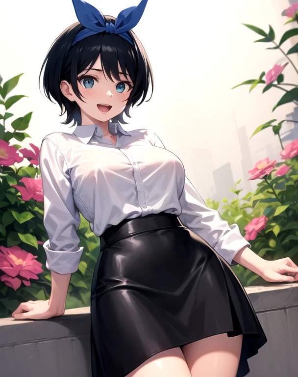 work of art, best qualityer, Kizi, leather skirt and white shirt , headband, 
 (mature woman:1.3),  breasts big, 
shorth hair, Bblack hair,  blue colored eyes , :d,
Riu, flowers