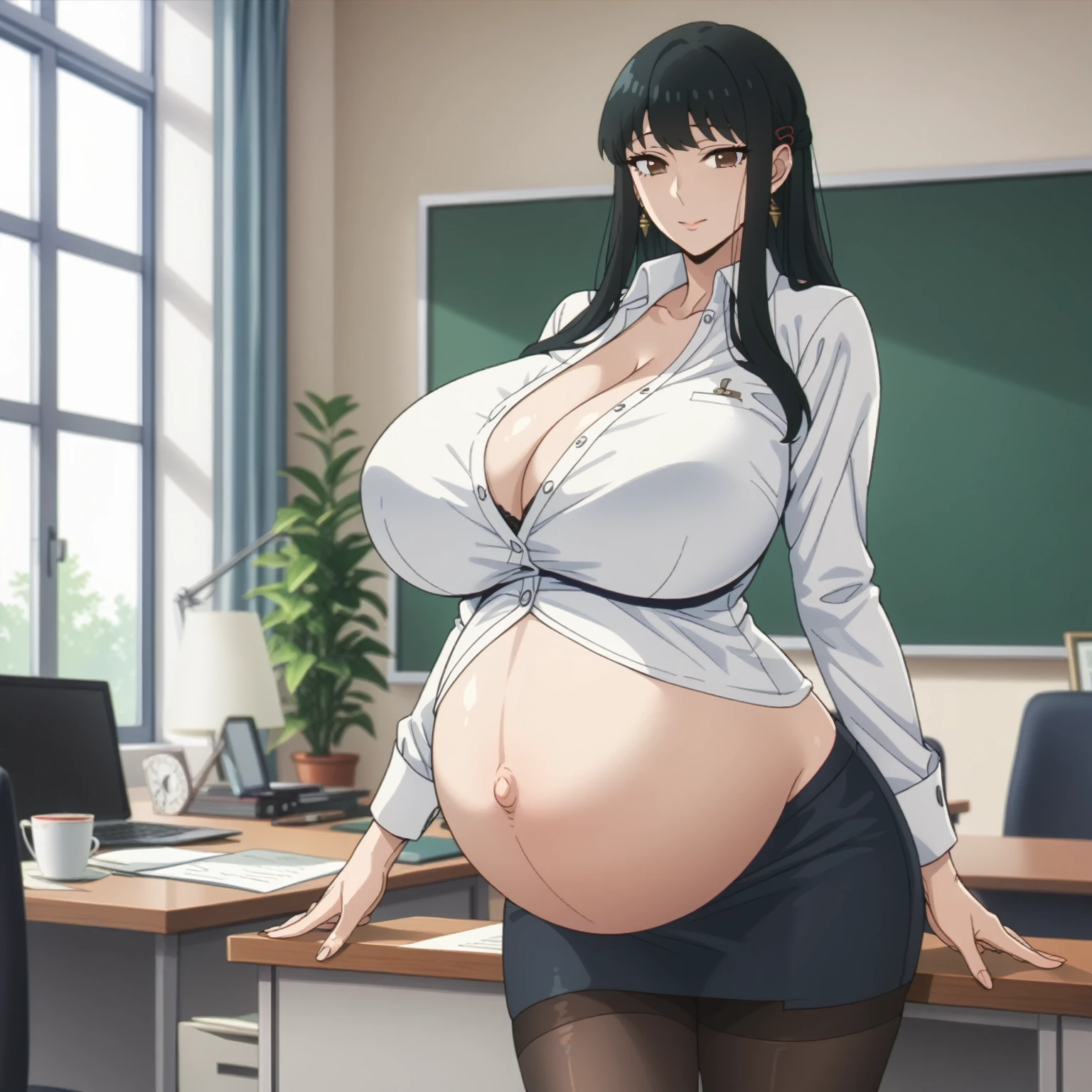 looking at viewer, solo, YorForger,1girl, (( very big and firm breast)),Beautiful pregnant teacher, pregnant, very Big Belly, beautiful Korean face, Long black hair, breast is very large and firm, Cleavage, showing her Belly, Wearing a long-sleeved white button-down shirt, tight short office skirt, wearing stockings, Belly one navel, sexy curve body, Teaching in class, huge breasts