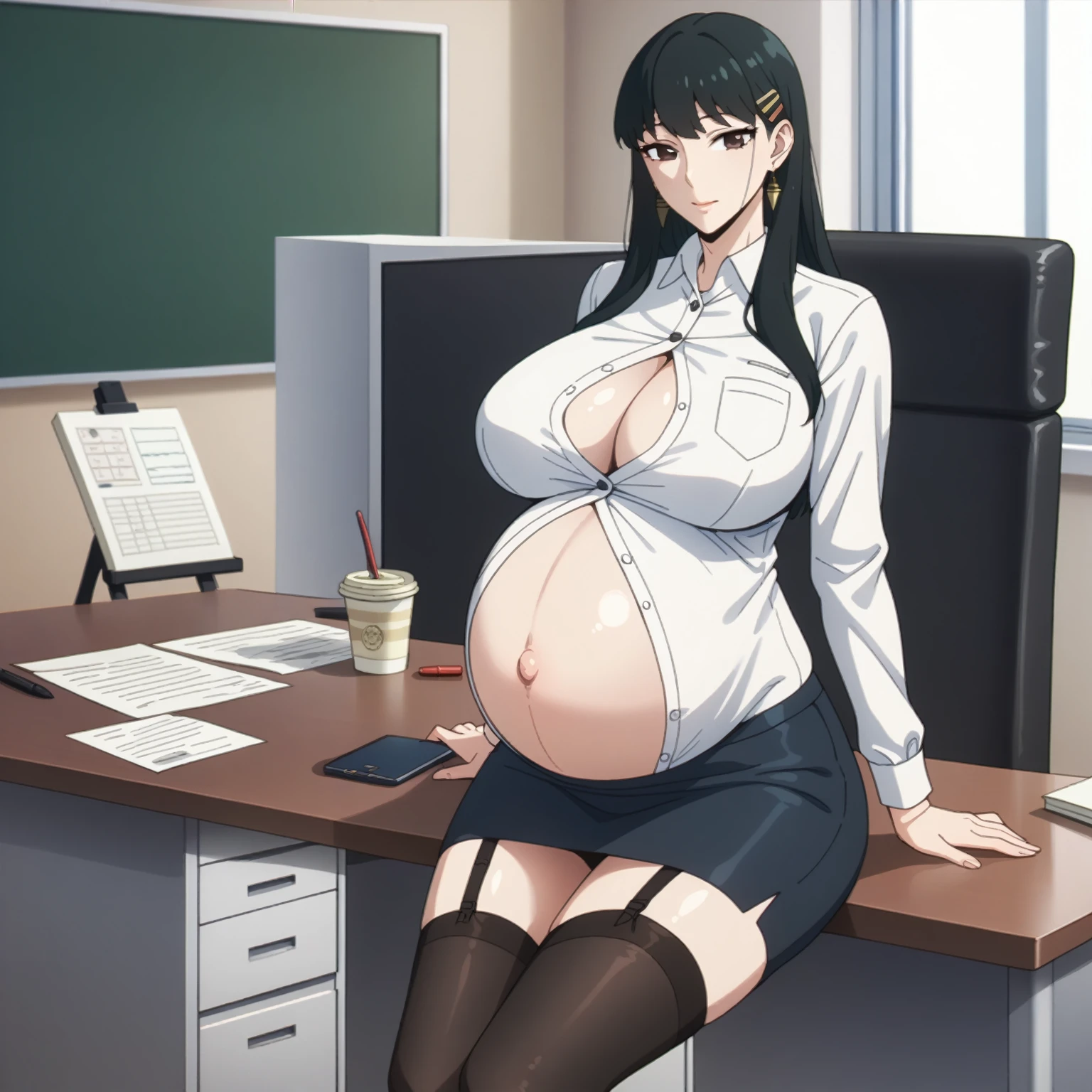 looking at viewer, solo, YorForger,1girl, (( very big and firm breast)),Beautiful pregnant teacher, pregnant, very Big Belly, beautiful Korean face, Long black hair, breast is very large and firm, Cleavage, showing her Belly, Wearing a long-sleeved white button-down shirt, tight short office skirt, wearing stockings, Belly one navel, sexy curve body, Teaching in class, huge breasts