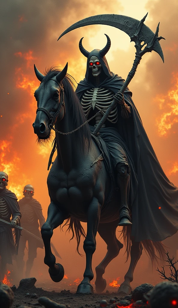An apocalyptic horseman with a decaying face treading on a burning cross, sets fire to a cemetery with 7 vultures eating corpses of priests carries a femur bone on his chest in a forest full of fog. In the background a burning and ruined church. The rider wears a torn cape in a rotting forest as fiery meteors fall towards the earth. Priests fleeing and suffering burns. Anti-Christian symbols on tombstones