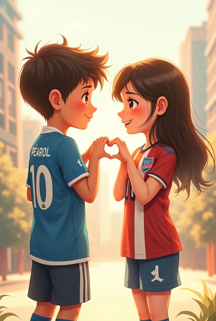 The boy in Argentina jersey and a girl in Barcelona jersey they both holding their hand and the boy have headphone on their neck and the girl other hand holding a purse