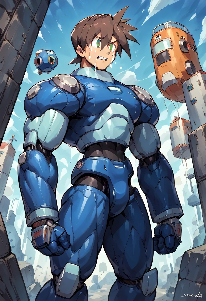 Highest quality,RAW Photos,Professional Art Works,m3g4m4n,Blue Armor,Brown Hair,The Boy of,male focus, brown hair, green eyes, 独奏, android, hair between eyes,((Huge muscles,Huge erect penis,)),Rock Buster on the right hand,Crying face,Excessive sweating and drooling,Being raped,Suburban city